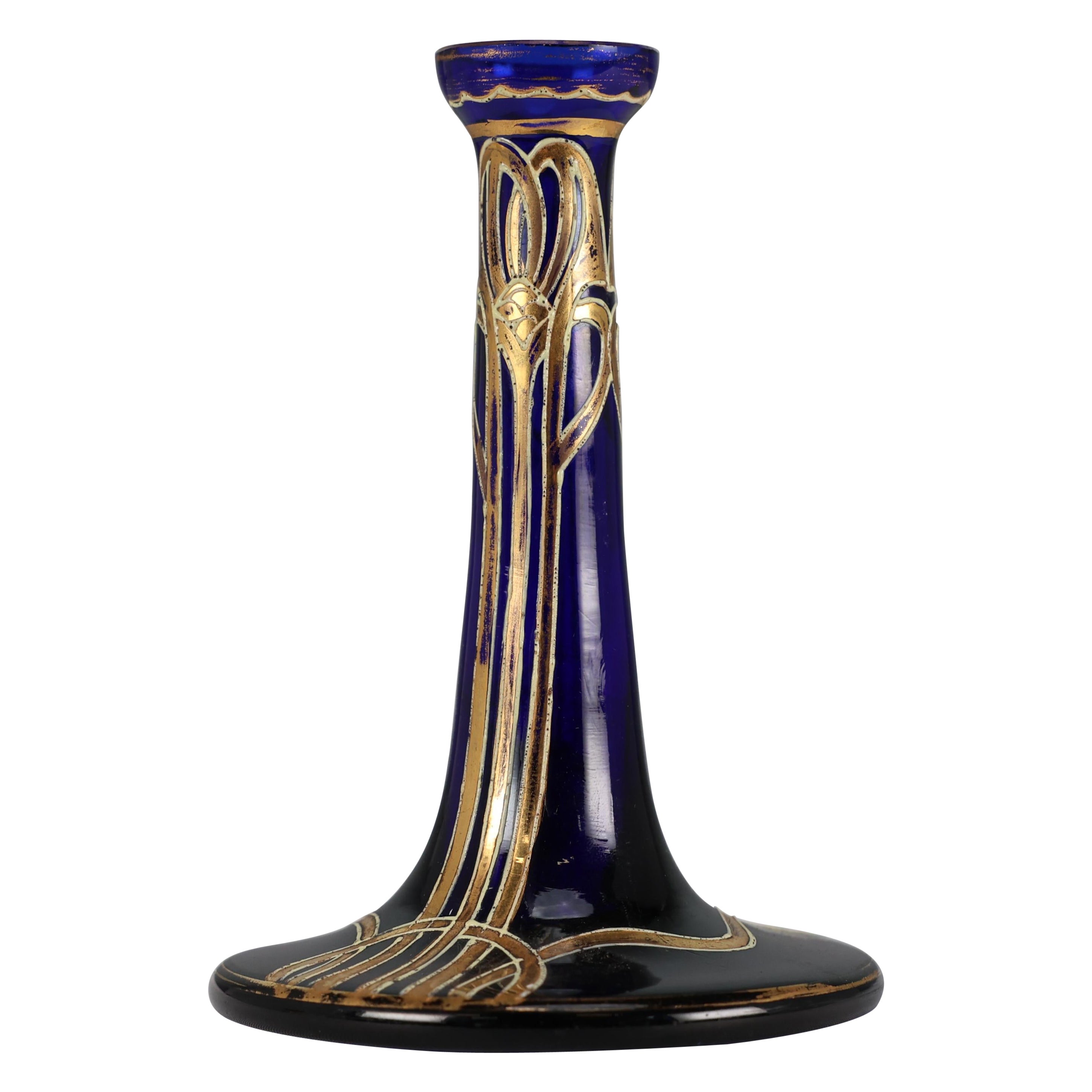 A Bohemian Austrian Art Nouveau gilded glass flower vase in Bristol blue colour. For Sale