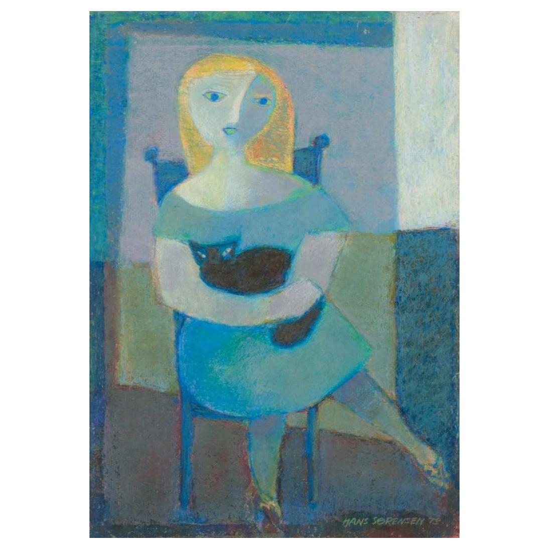 Hans Sørensen. Portrait moderniste de femme assise. Craie à l'huile sur papier en vente