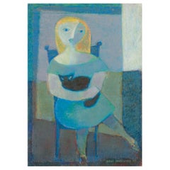Hans Sørensen. Modernist portrait of seated woman. Oil crayon on paper