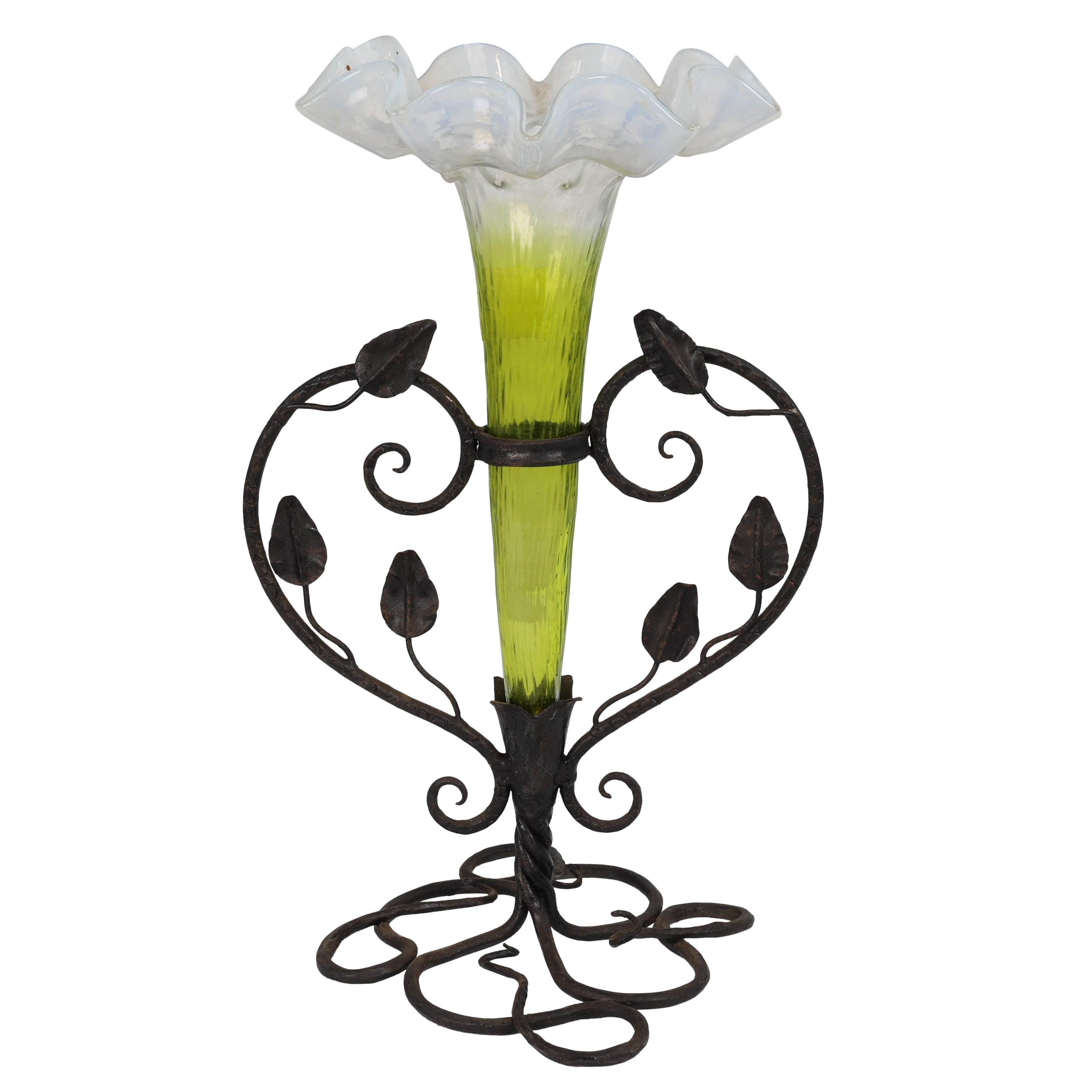 Art Nouveau French hand made iron epergne with a green & Vaseline glass flower. For Sale