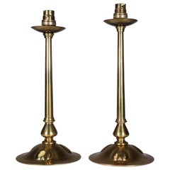 Antique Pair of Arts & Crafts copper table lamps with three repousse hearts to the base