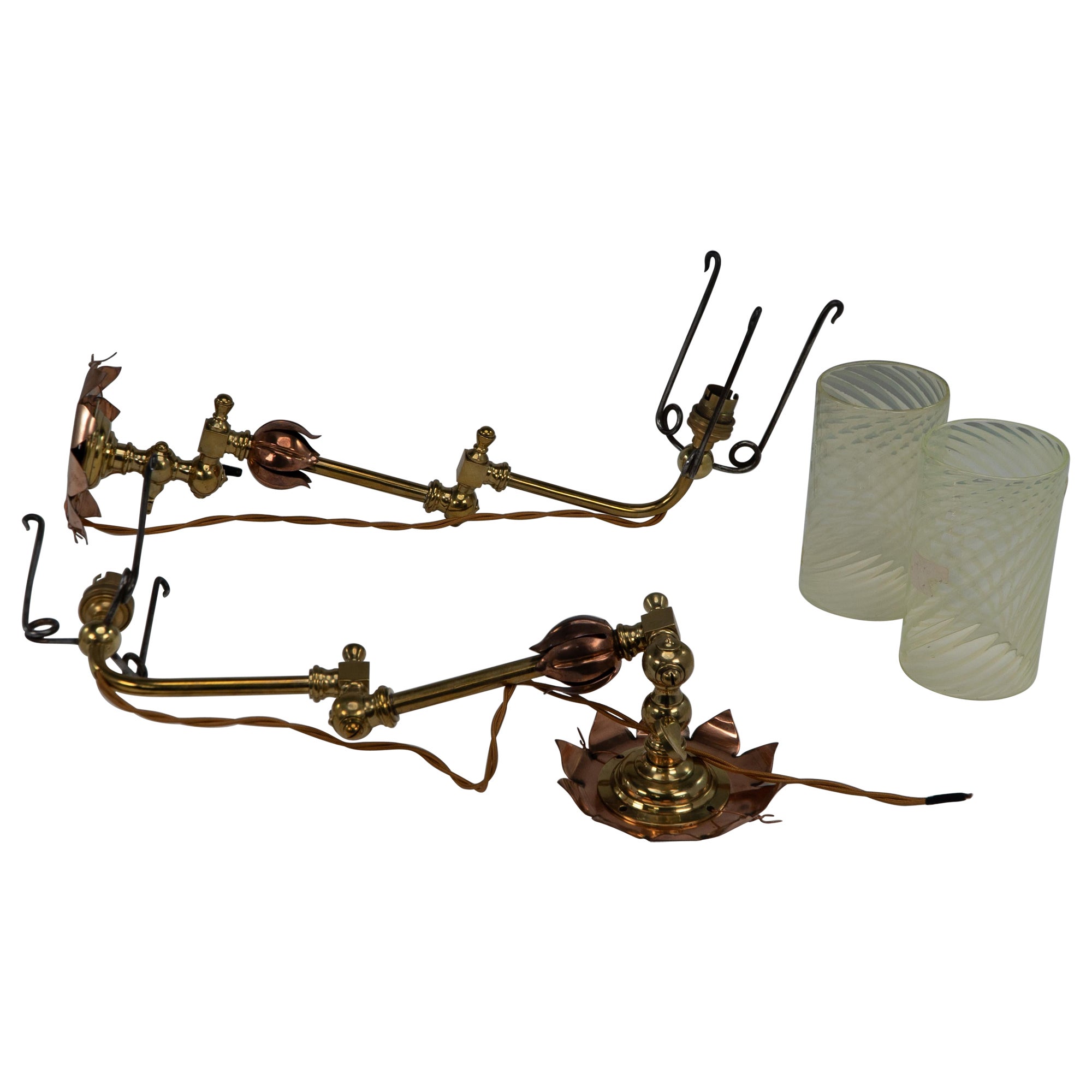 WAS Benson. A pair of copper & brass wall lights with lily pad wall back plates.