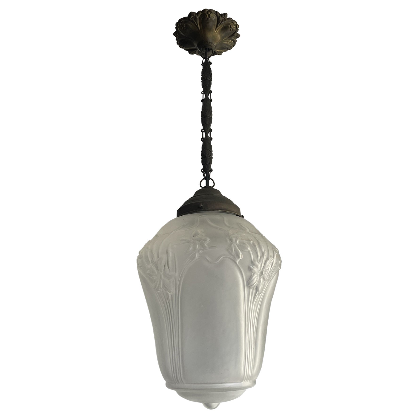 Original Arts and Crafts Glass Hallway Pendant Light with Daffodil Flowers 1900s For Sale