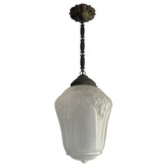 Antique Original Arts and Crafts Glass Hallway Pendant Light with Daffodil Flowers 1900s