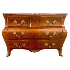 French Louis XV Tomb Commode Marquetry Red Marble and Bronze - France
