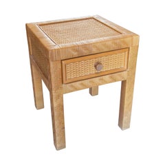 Retro Bedside Table with Wicker Drawer and Wooden Frame 