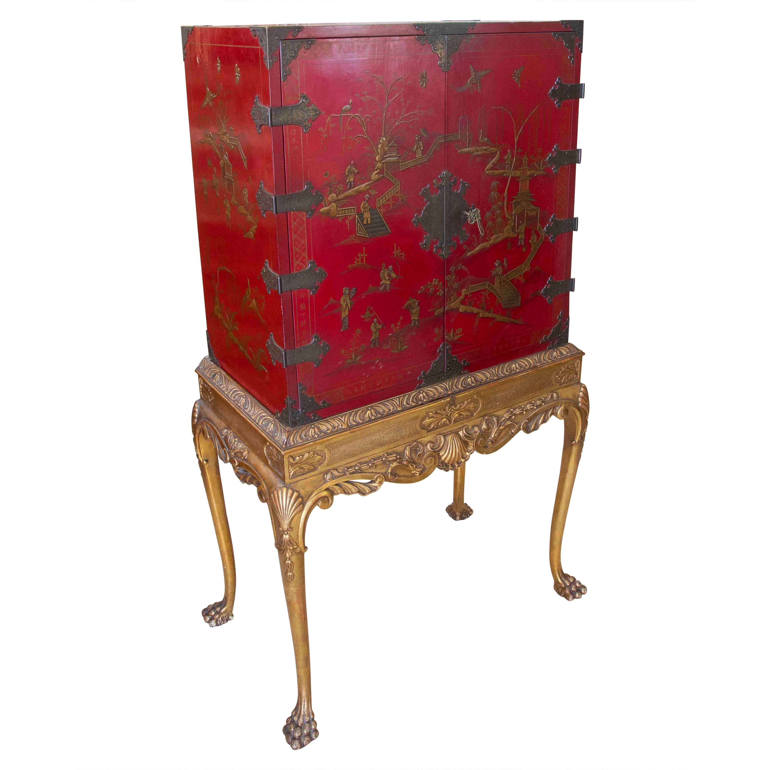 Mueble chino de dos piezas con mesa y armario con puertas y cajones