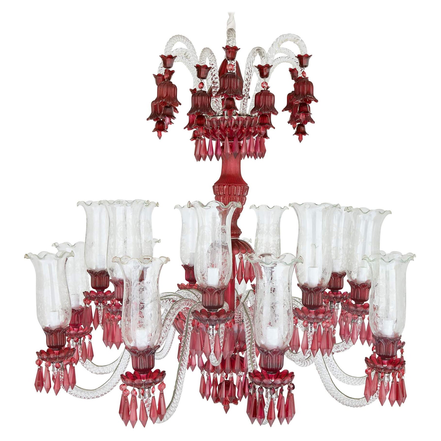 Large Clear and Red Cut Glass Chandelier 