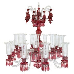Large Clear and Red Cut Glass Chandelier 