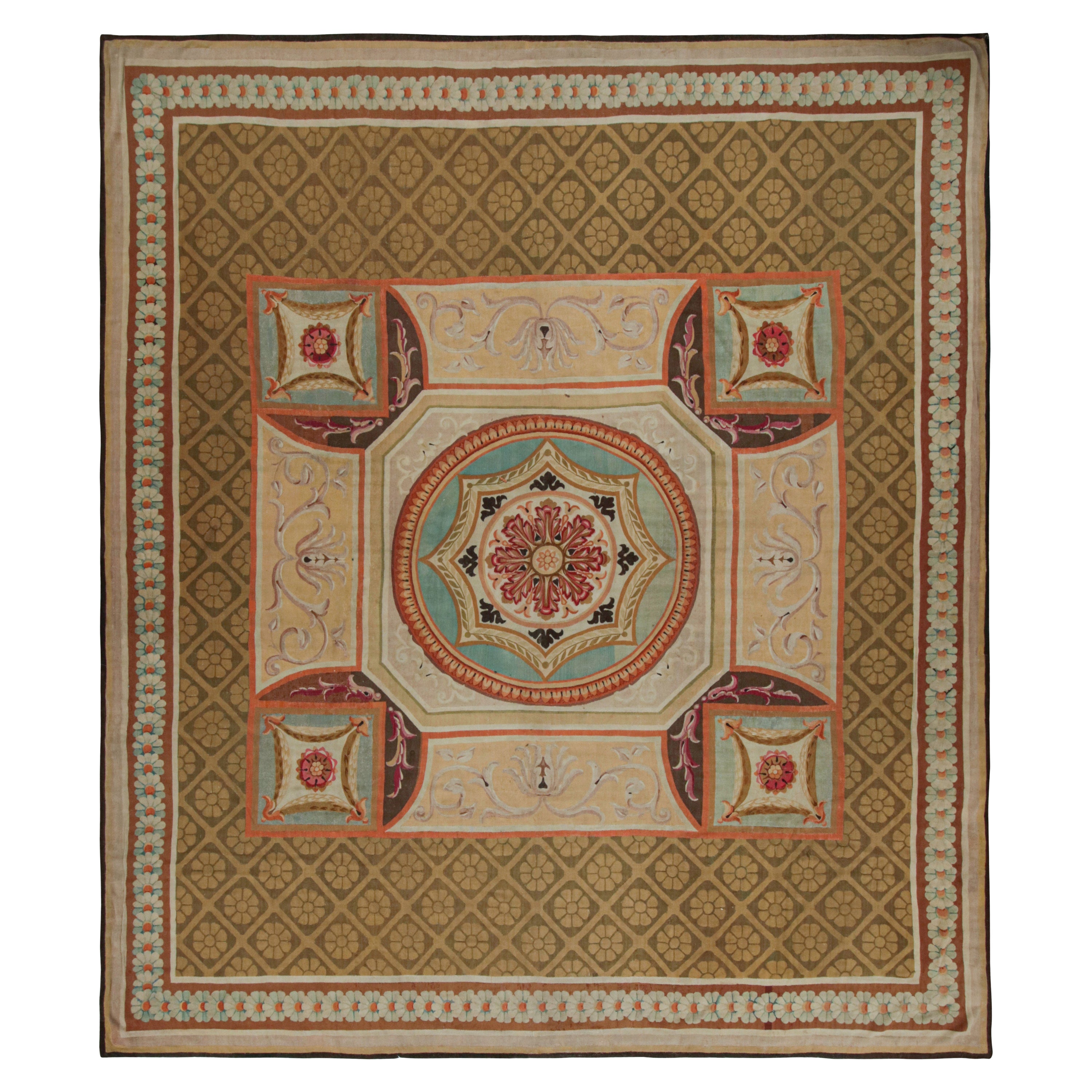 French Antique Aubusson Rug, with Medallion and Floral Pattern For Sale