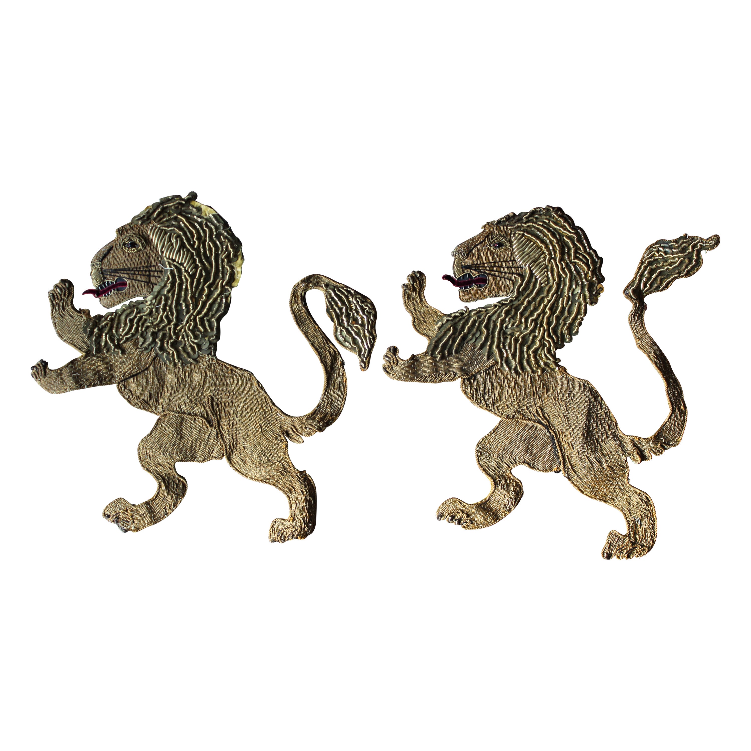 Metallic Metal Threaded Rampant Lion Appliqués Armorial Heraldry Military  For Sale