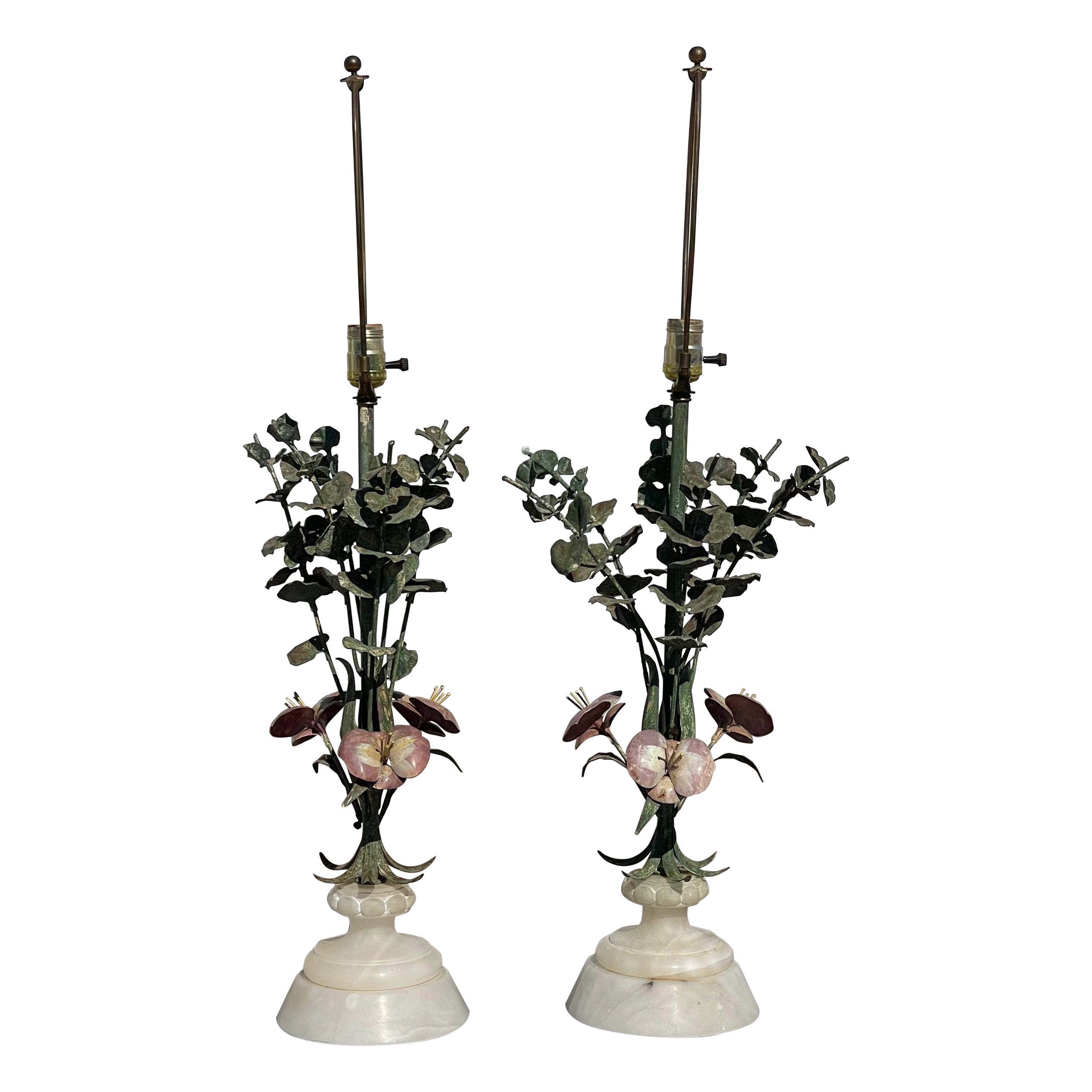 Italian Painted Tole Foliate Floral Flower, Alabaster Base Table Lamps, a Pair