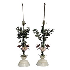 Vintage Italian Painted Tole Foliate Floral Flower, Alabaster Base Table Lamps, a Pair