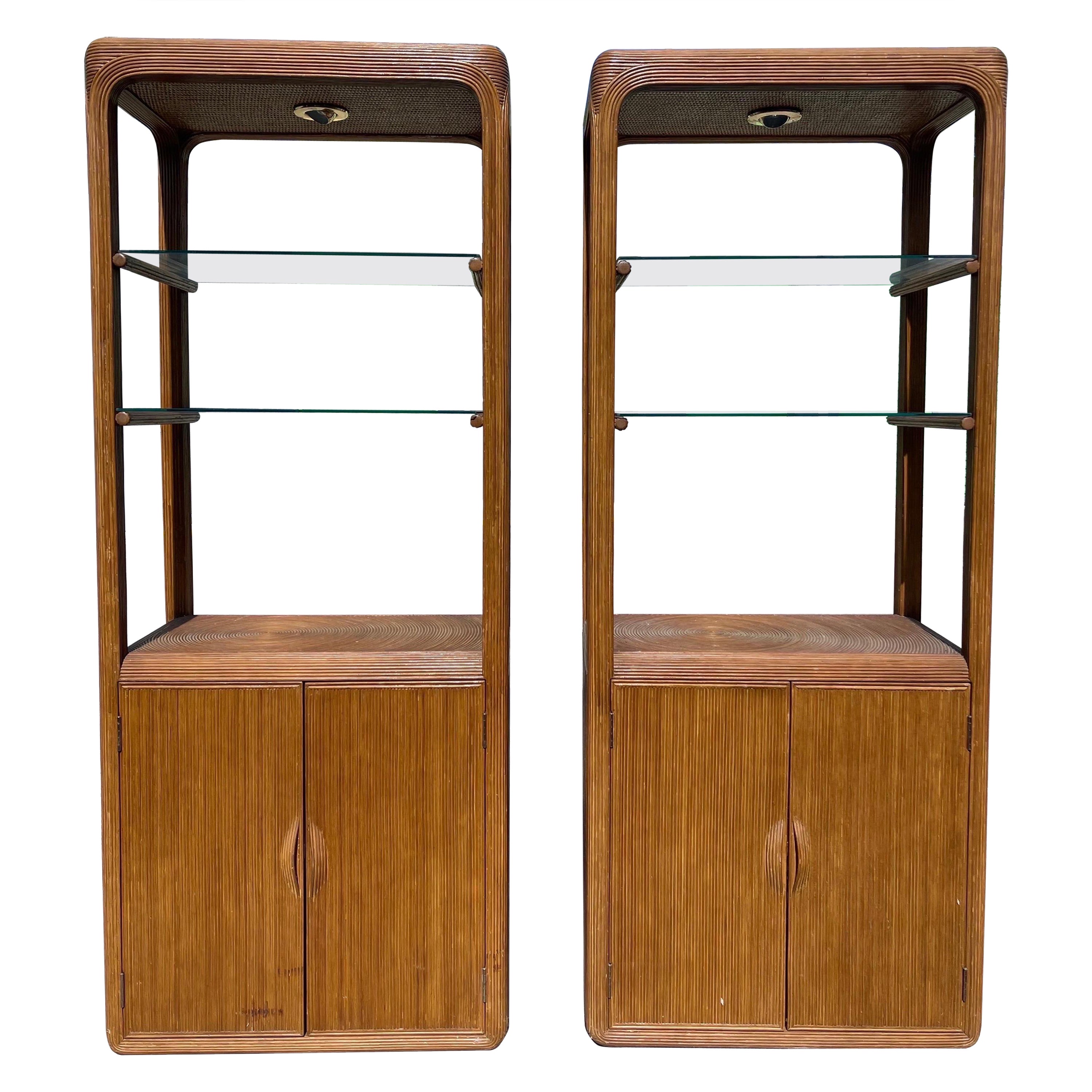 Modernist Pencil Reed Lighted Etagere Shelf Cabinets, a Pair For Sale