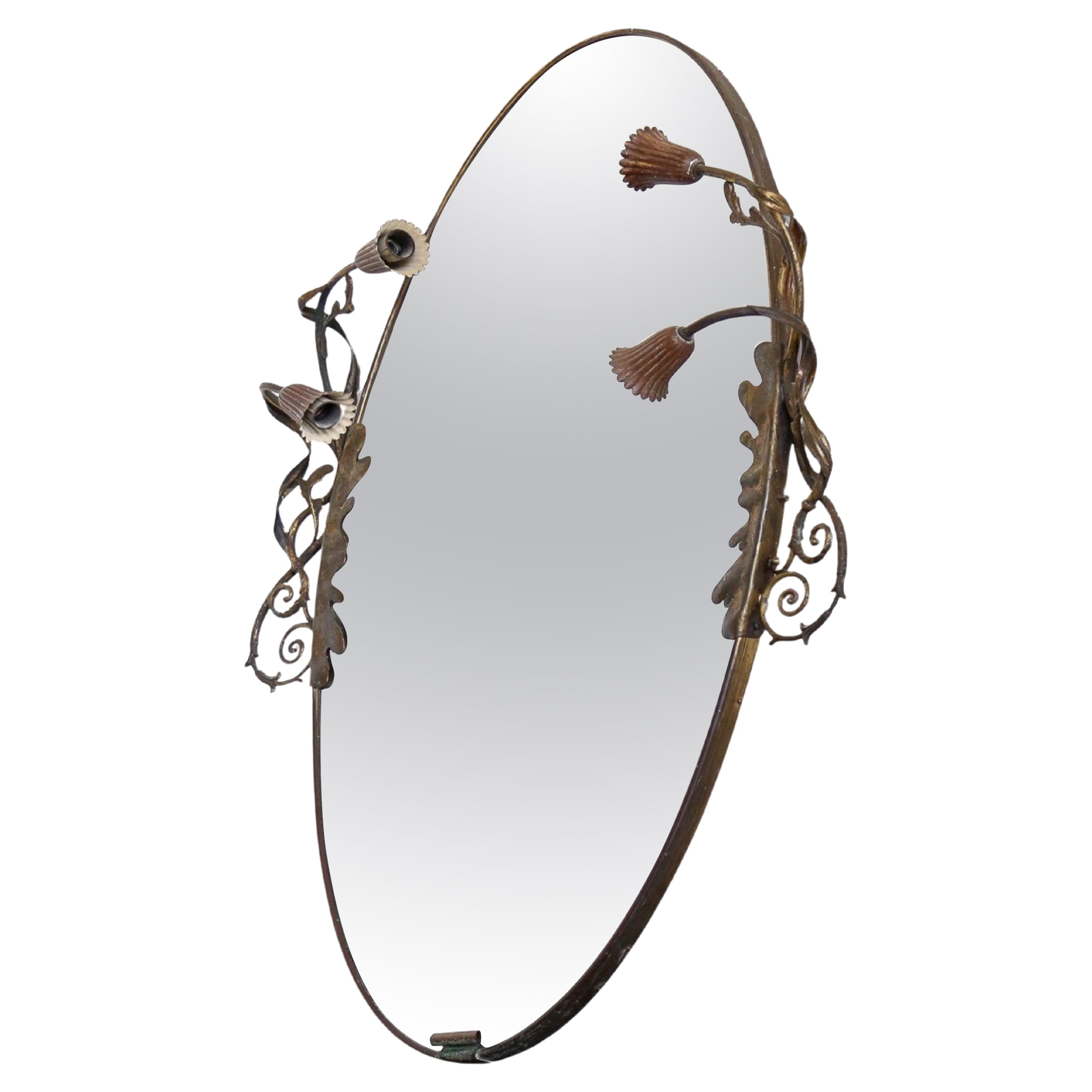 Italian Art Deco Brass Oval Wall Mirror with Lights