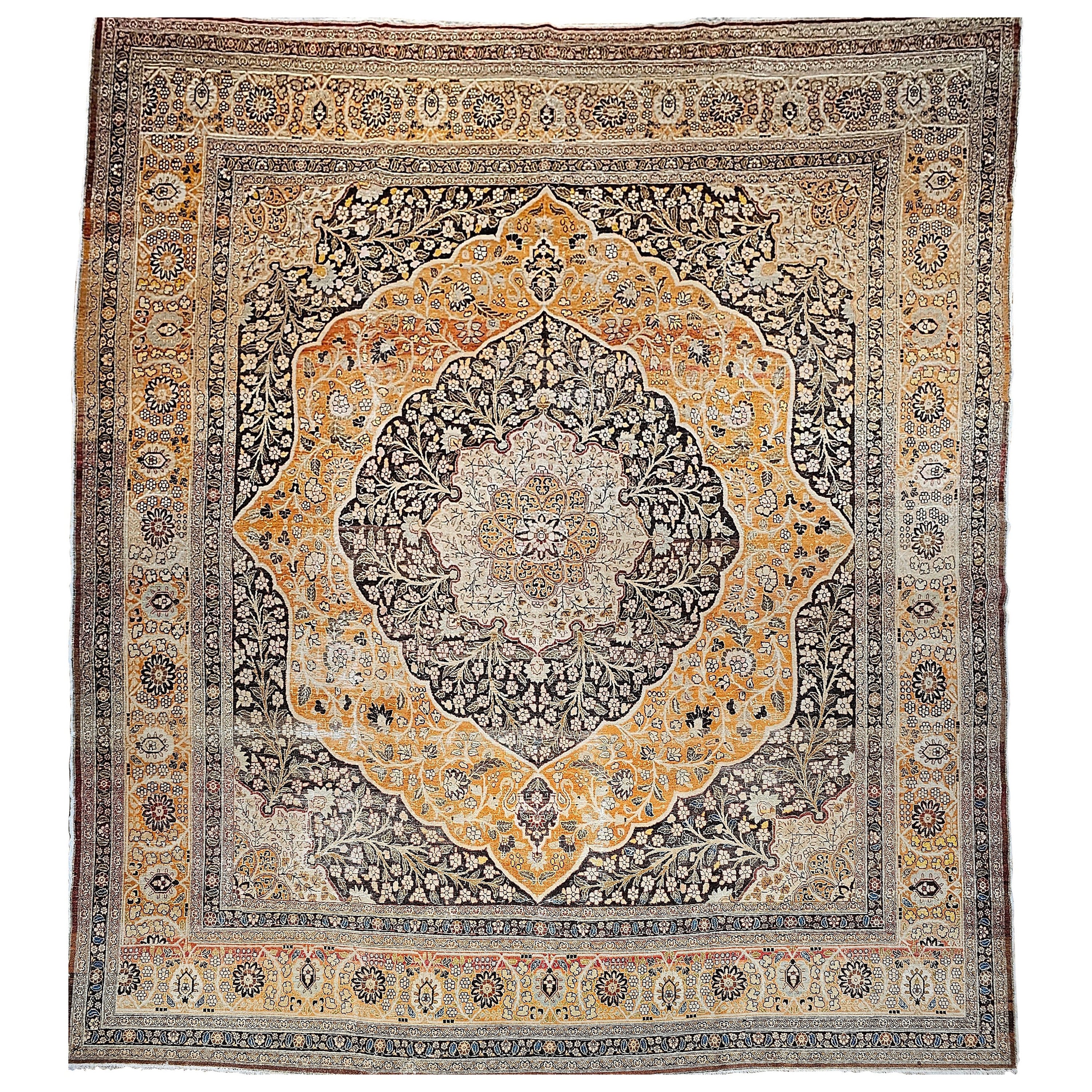 Vintage Oversized Persian Tabriz in Coral, Brown, Honey, Yellow, Blue For Sale