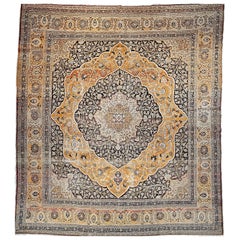 Antique Oversized Persian Tabriz in Coral, Brown, Honey, Yellow, Blue