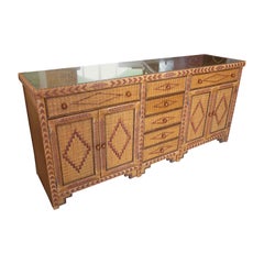 1970 Spanish Wicker and Wood Sideboard with Doors and Drawers (buffet espagnol en osier et en bois avec portes et tiroirs) 