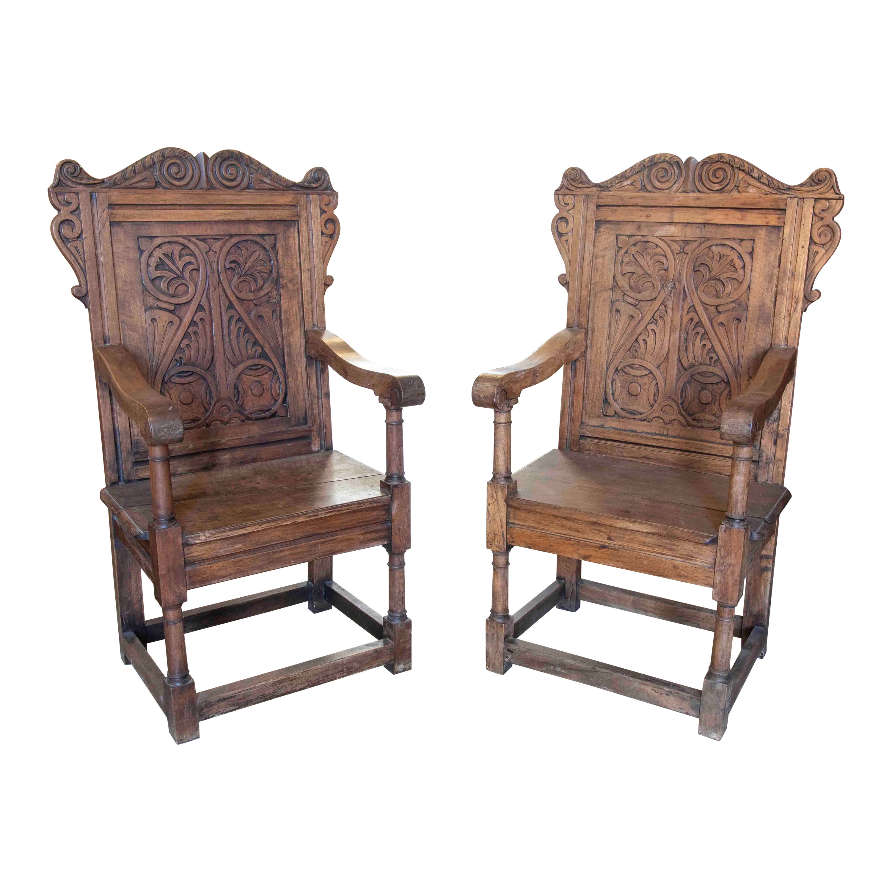 English Pair of Wooden Armchairs with Carved Vegetable Decoration