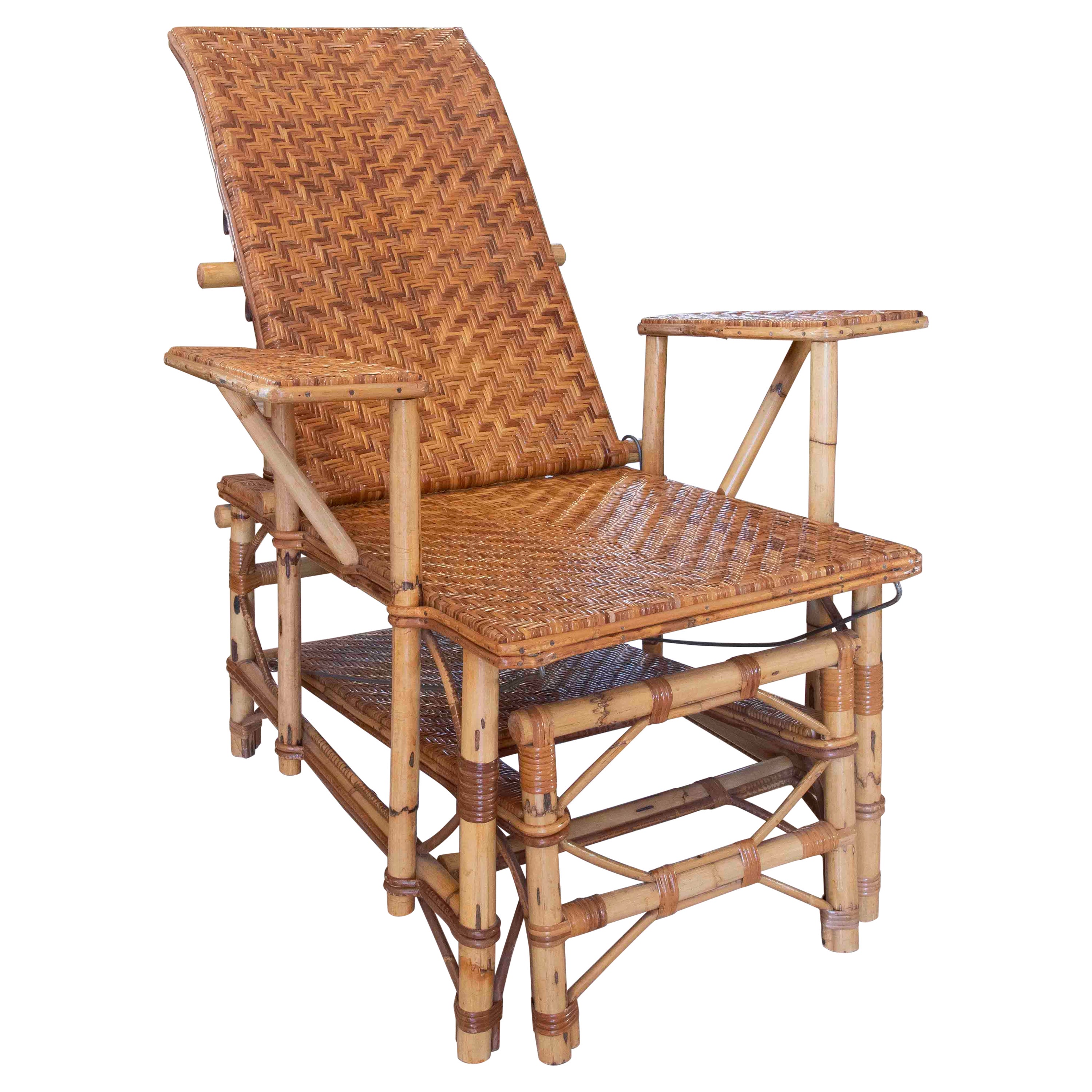 1970s Bamboo and Wicker Lounger Armchair with Footrest  For Sale