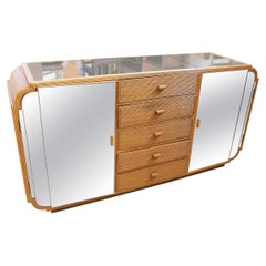 Retro 1970s Spanish Sideboard in Wood and Wicker with Original Mirrors 