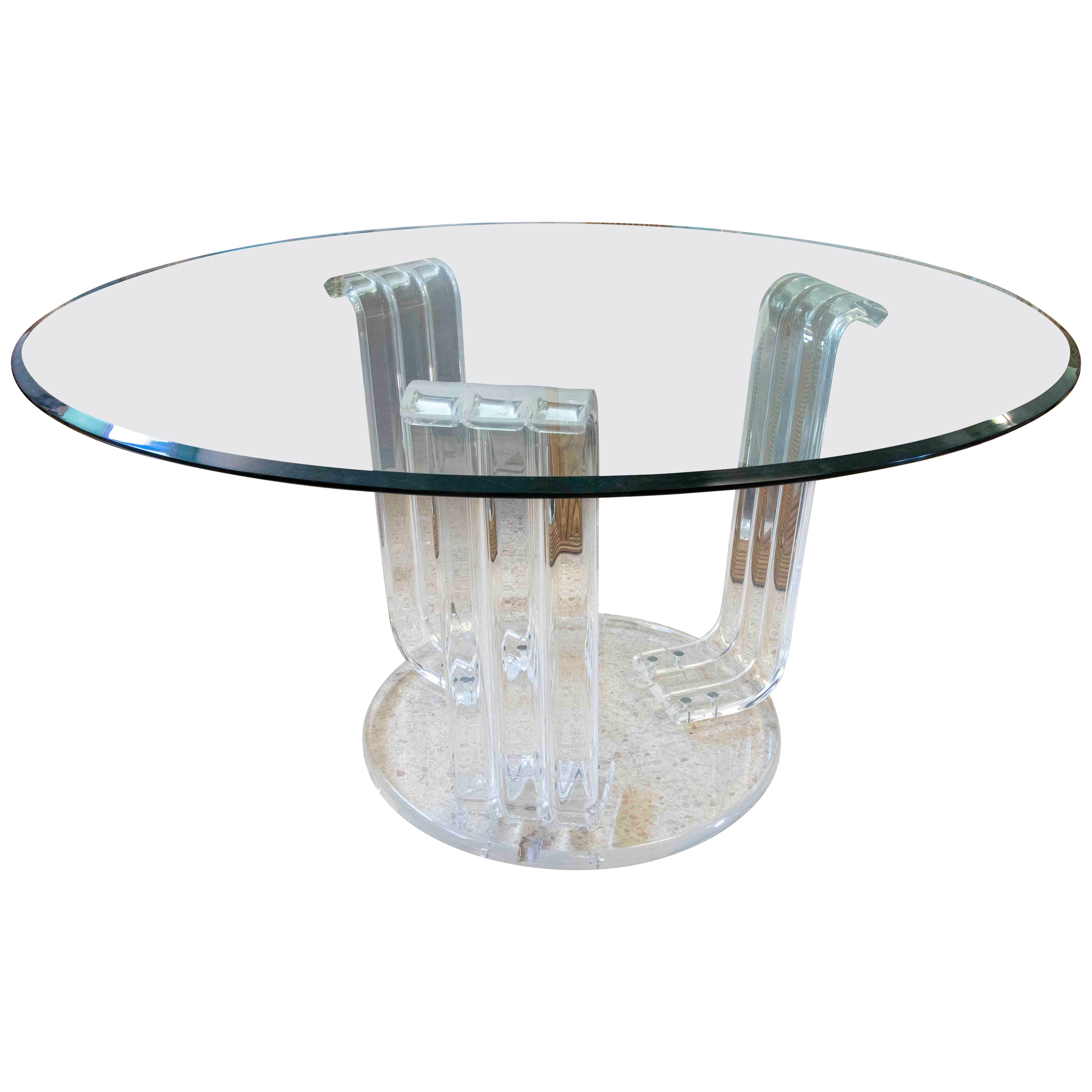 1970s Round Table with Metraquilato Base and Glass Top  For Sale