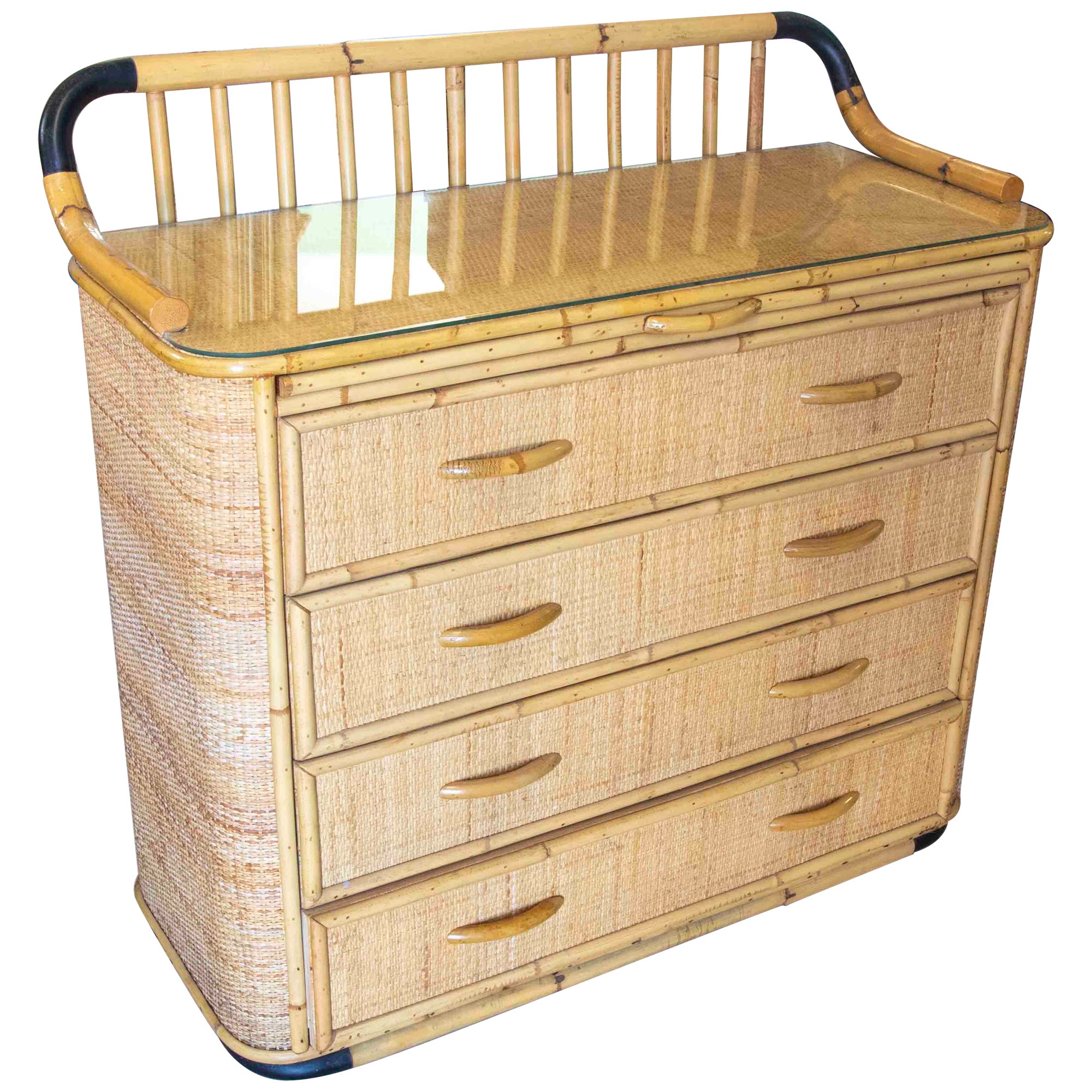 1970s Spanish Bamboo and Wicker Chest with Four Drawers  For Sale