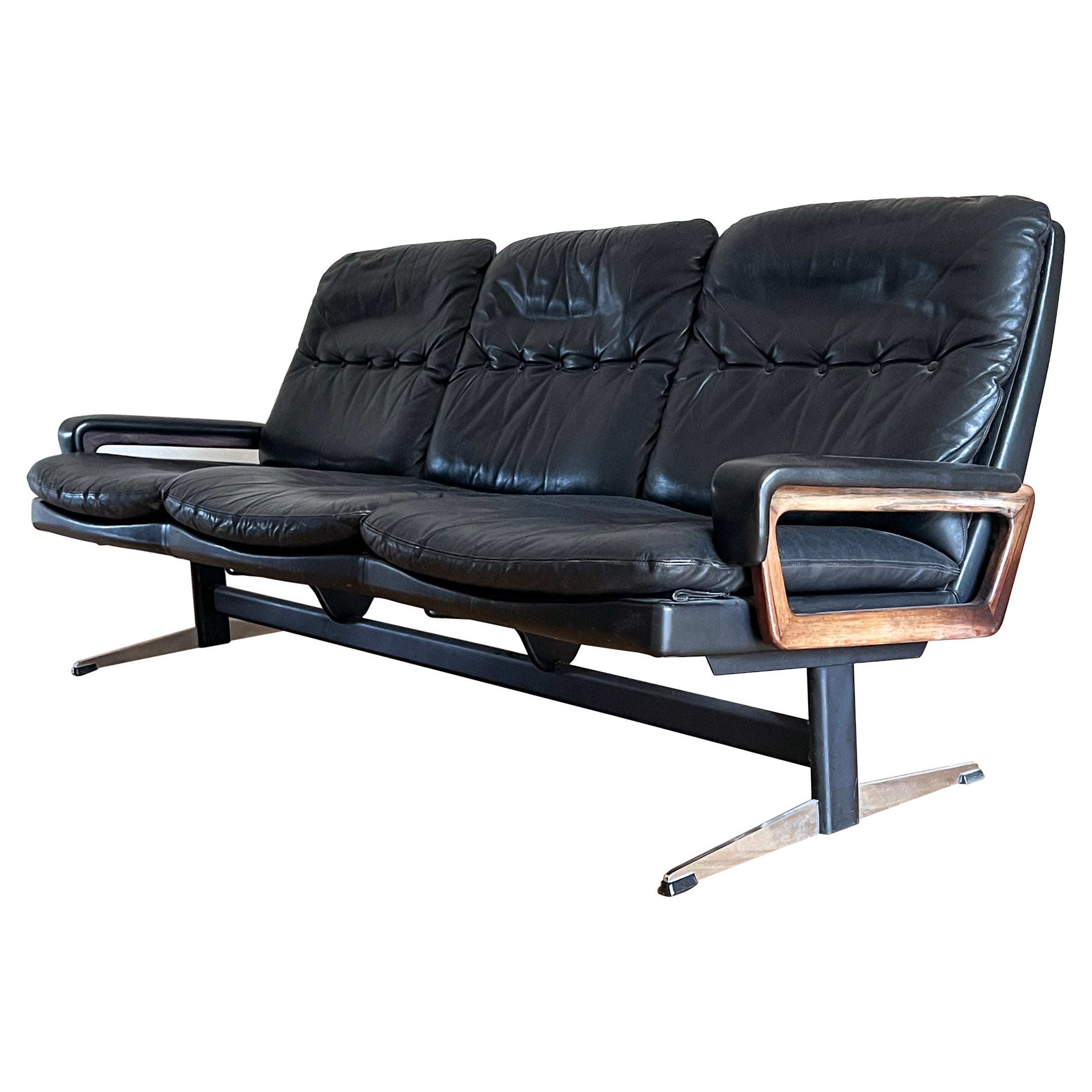  Mid-Century Leather, Teak and Metal King Sofa by André Vandenbeuck 1970s