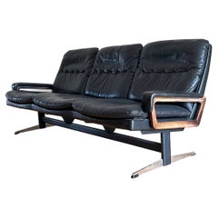 Used  Mid-Century Leather, Teak and Metal King Sofa by André Vandenbeuck 1970s