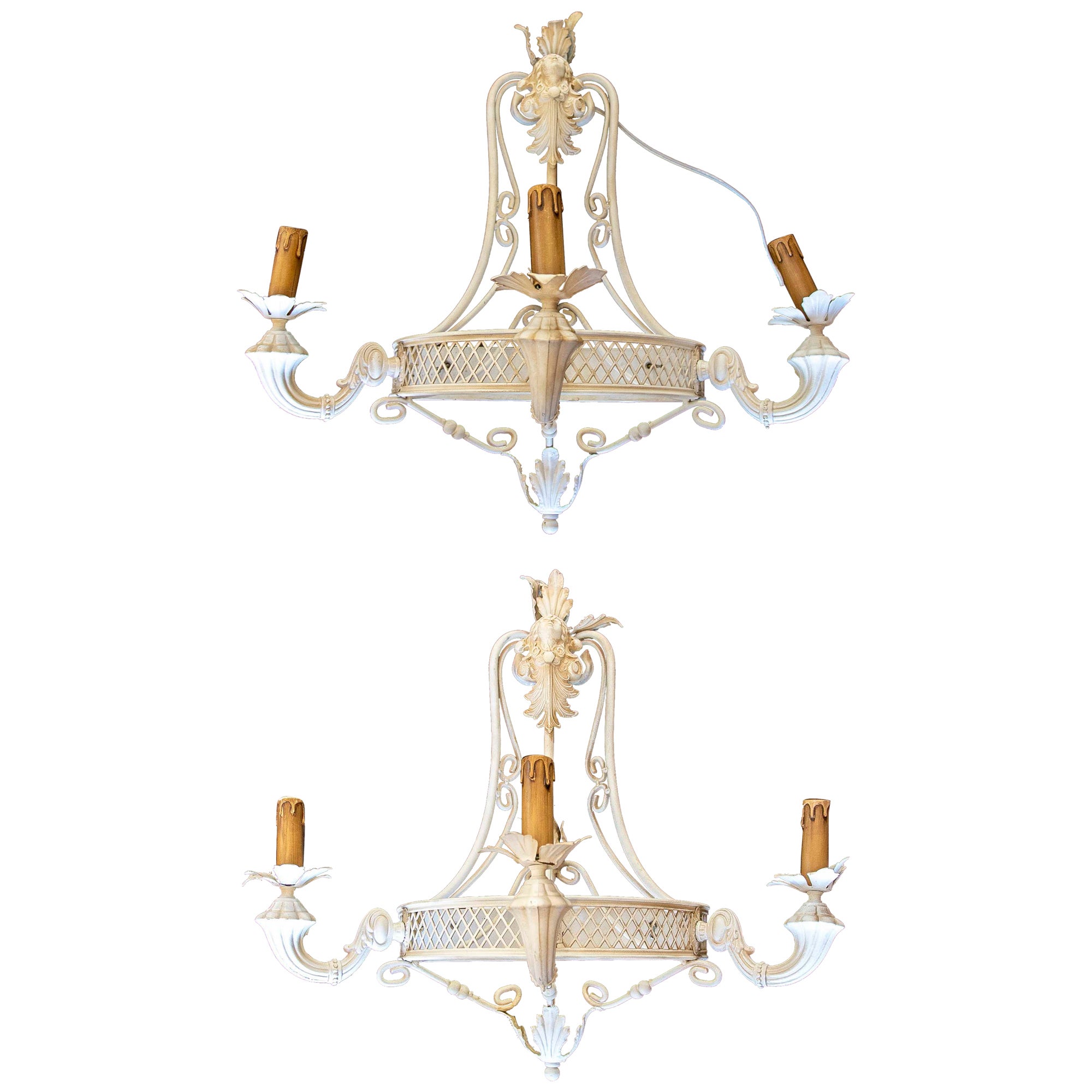 Pair of Three-Light Iron Wall Lamps Painted in White For Sale