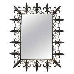 French Sunburst Fleur de Lys Wrought Iron Mirror, 1930s