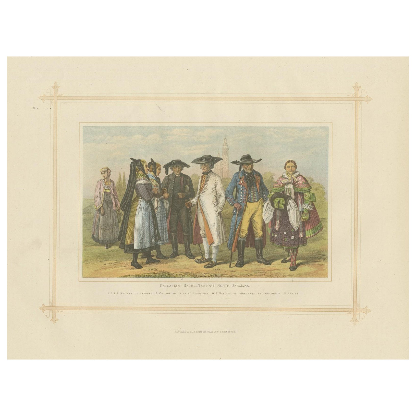 Decorative Antique Lithograph of the Caucasian Race in Germany, 1882 For Sale