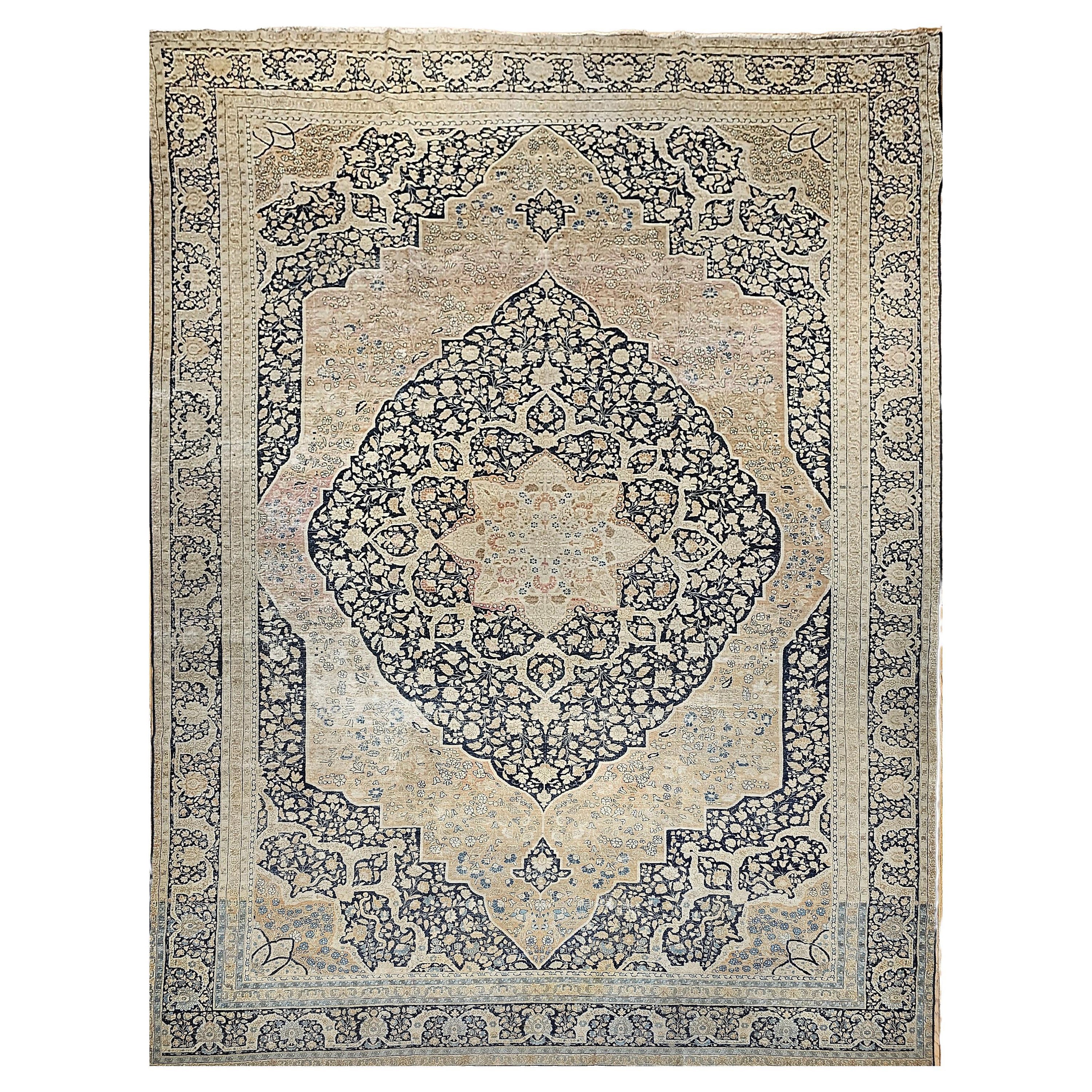 19th Century Persian Tabriz Haji Jalili Carpet in Navy, tan, Pale Red, Baby Blue For Sale
