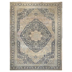 Used 19th Century Persian Tabriz Haji Jalili Carpet in Navy, tan, Pale Red, Baby Blue
