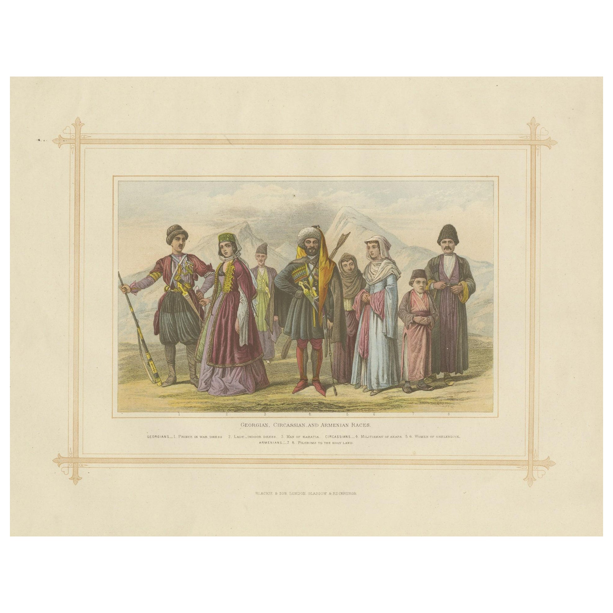 Decorative Antique Lithograph of the Georgian, Circassian & Armenian Races, 1882 For Sale