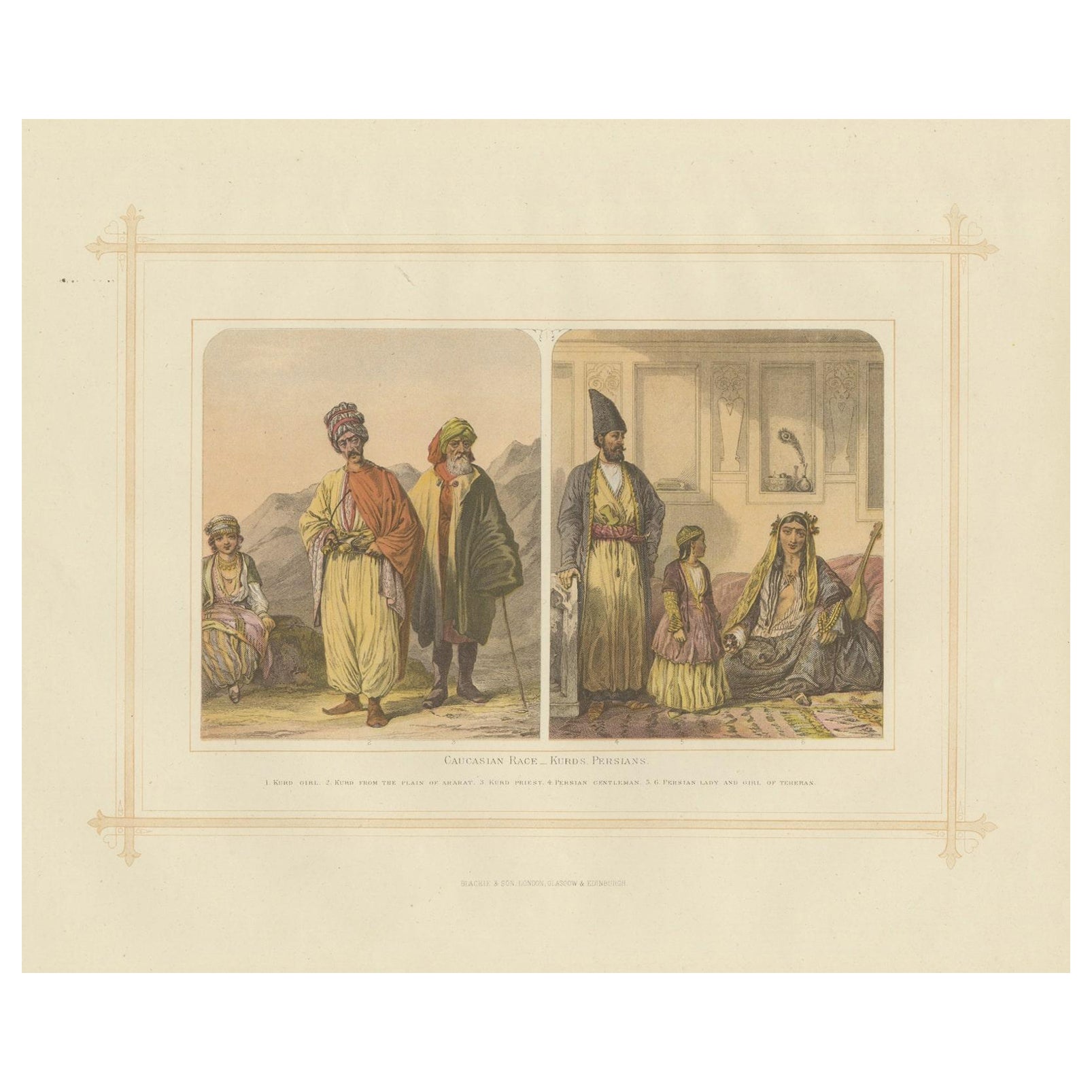 Antique Lithograph of the Caucasian Race - Kurds, Persians, 1882 For Sale