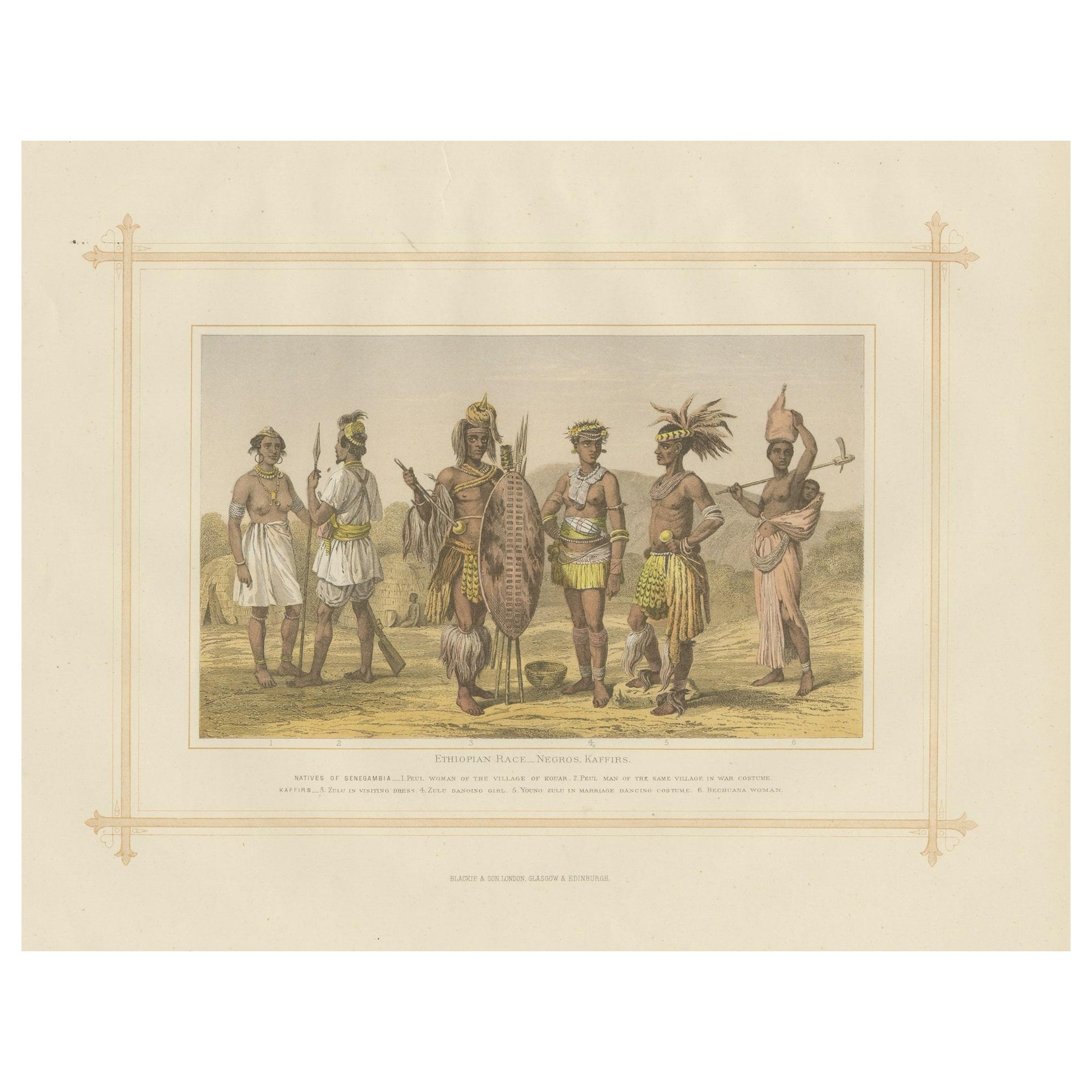 Antique Lithograph of the Ethiopian Race - Negros, Kaffirs, 1882 For Sale