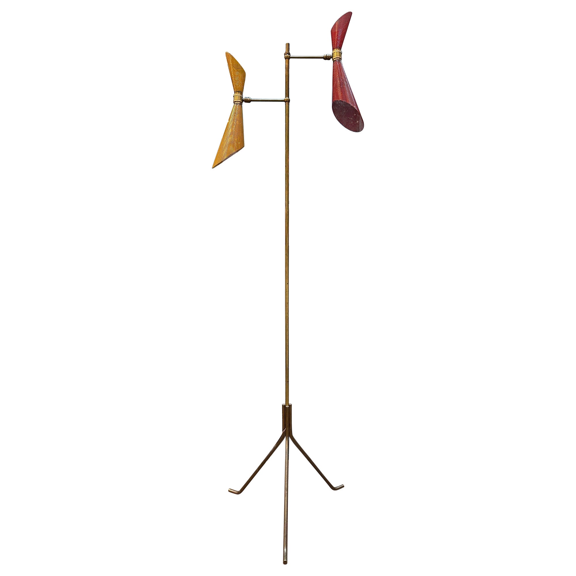 A  Mid Century French Brass  Double Coned Tripod Floor lamp