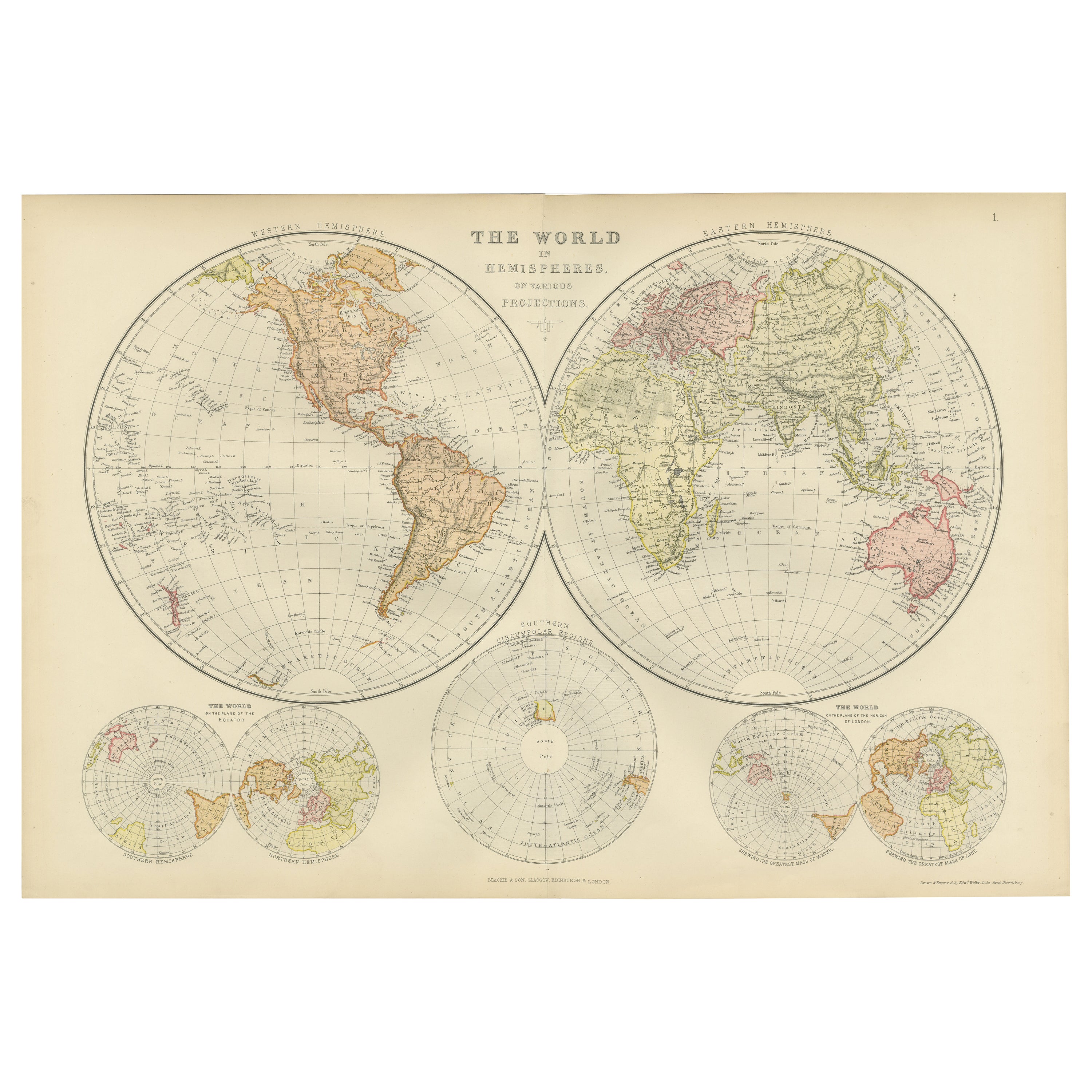 Carte ancienne du monde en hémisphères sur diverses projections, 1882 en vente