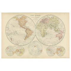 Antike Karte der Welt in Hemisphären auf verschiedenen Projektionen, 1882