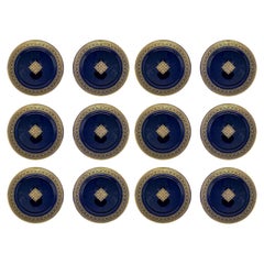 Set of 12 Antique French Sarreguemines Porcelain Cobalt and Gold Dessert Plates.