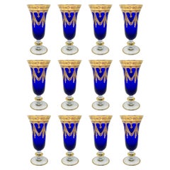 Set of 12 Italian Cobalt Blue Glass with Gold Leaf Detail Cocktail Glasses.