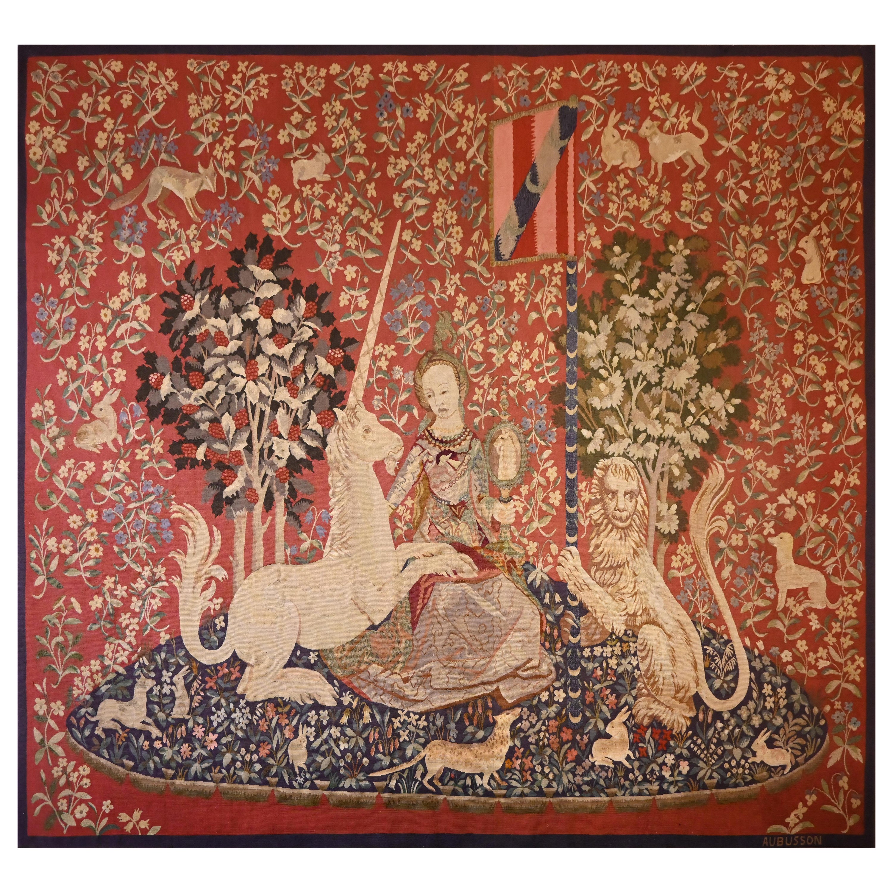 Dame à la licorne - Medieval tapestry Manufacture Aubusson 19th - N° 1355 For Sale