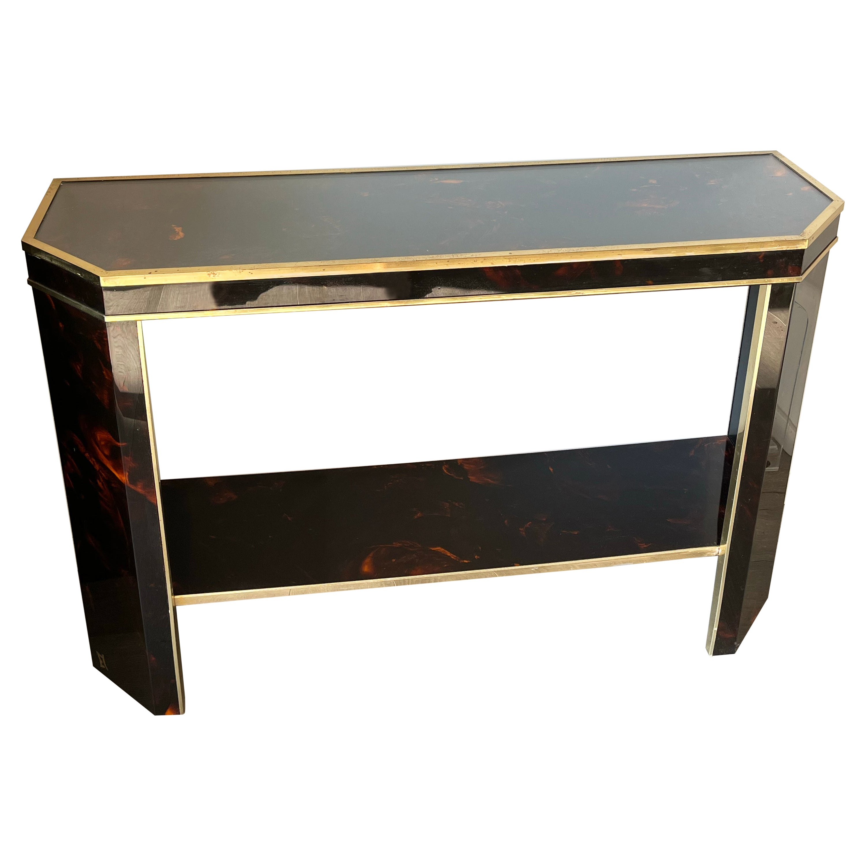 J.C. Mahey cherry red lacquer & brass console table, 1970s For Sale