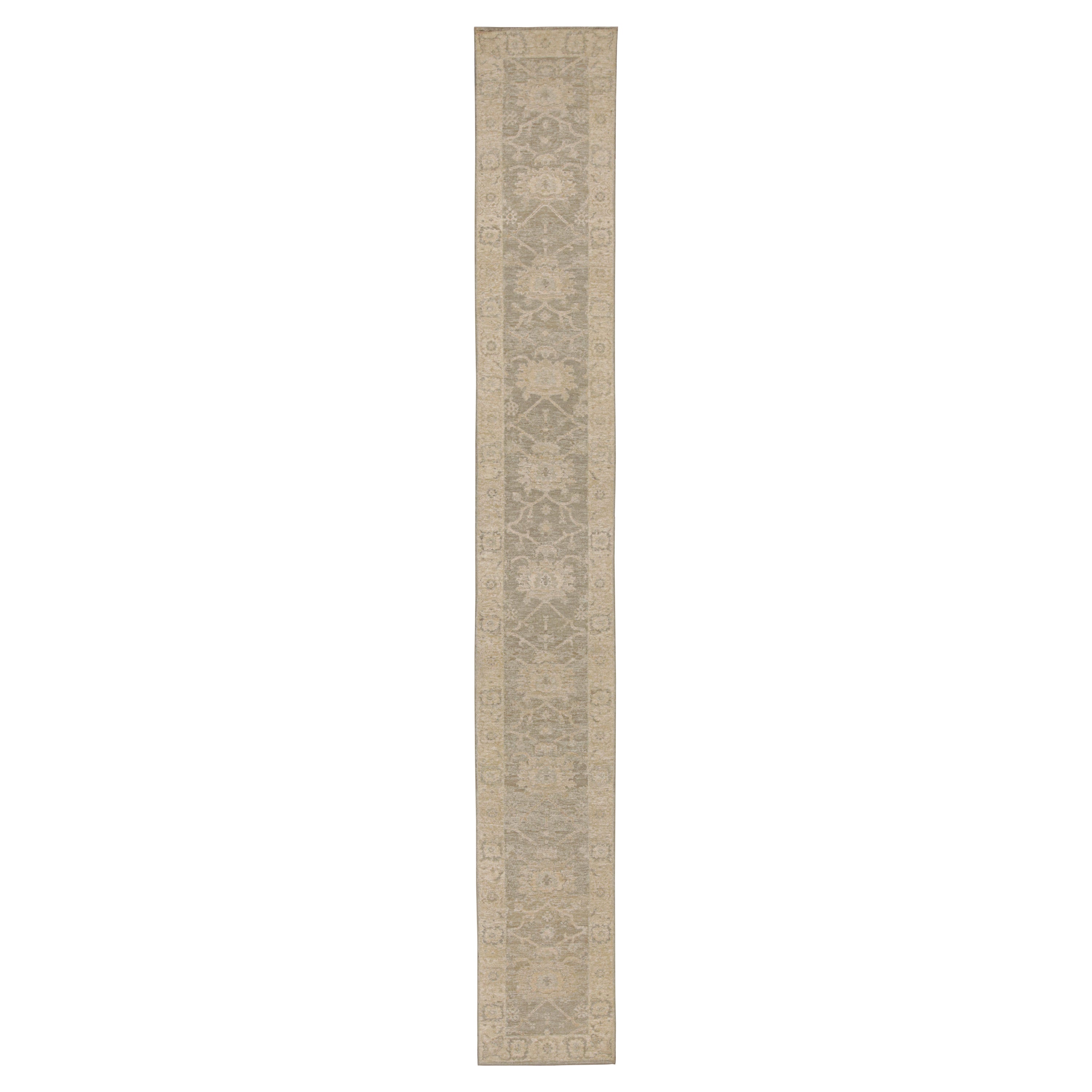 Rug & Kilim’s Oushak Style Runner Rug in Beige/Brown, With Floral Patterns For Sale