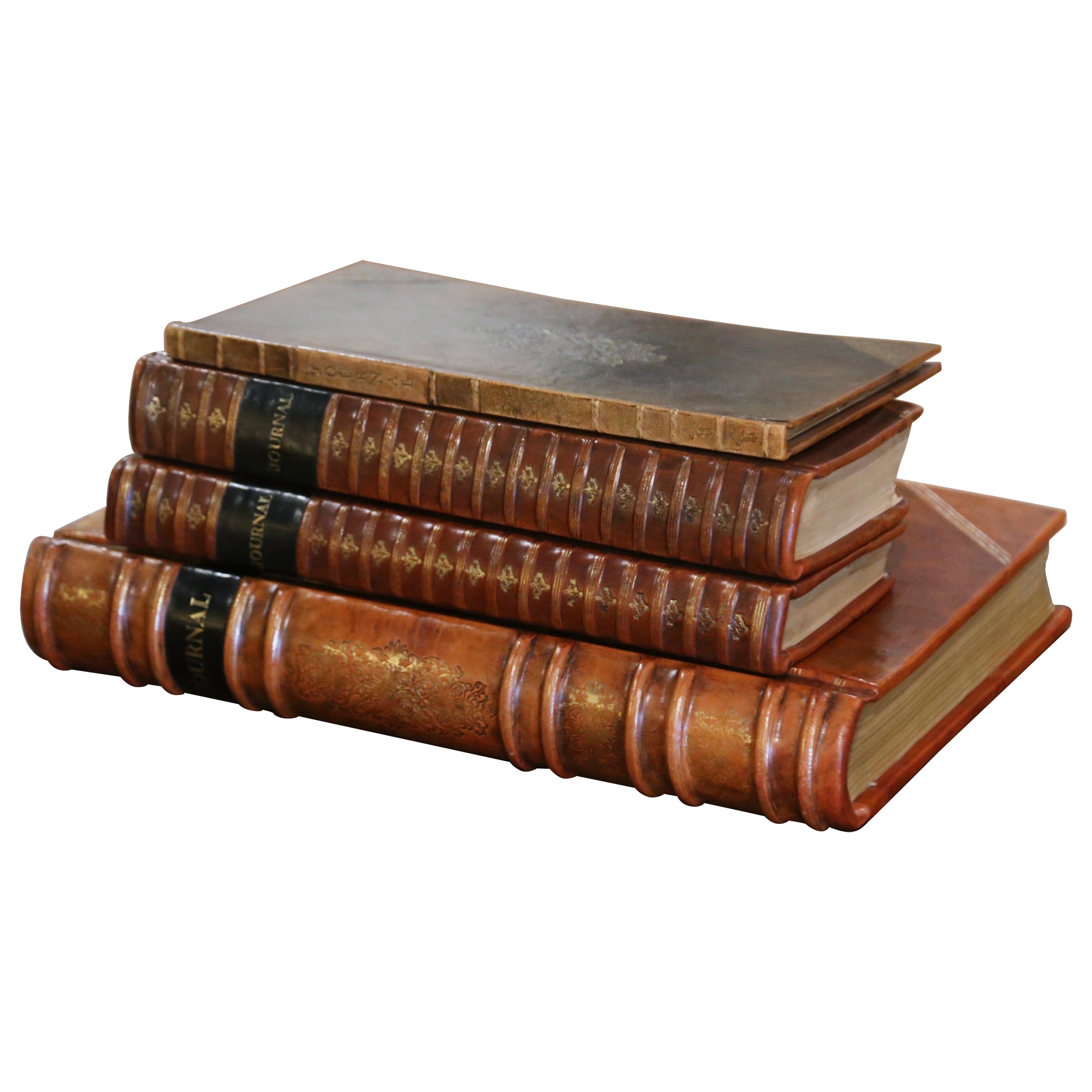  Antique Leather Bound and Gilt Accounting Books Dated 1909/1928, Set of Four
