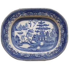 Antique Blue & White Scenic Transferware Platter, Asian Motif, circa 1860