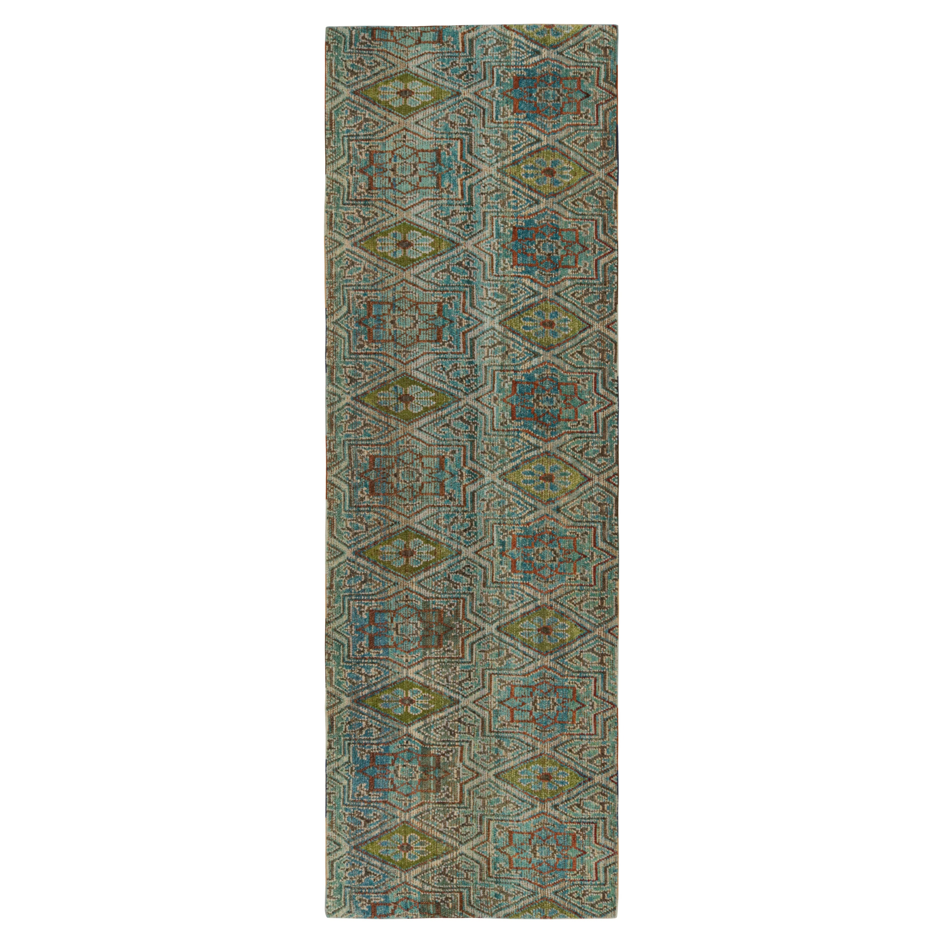 Rug & Kilim’s Moroccan Style Runner Rug with Green and Blue Geometric Patterns For Sale