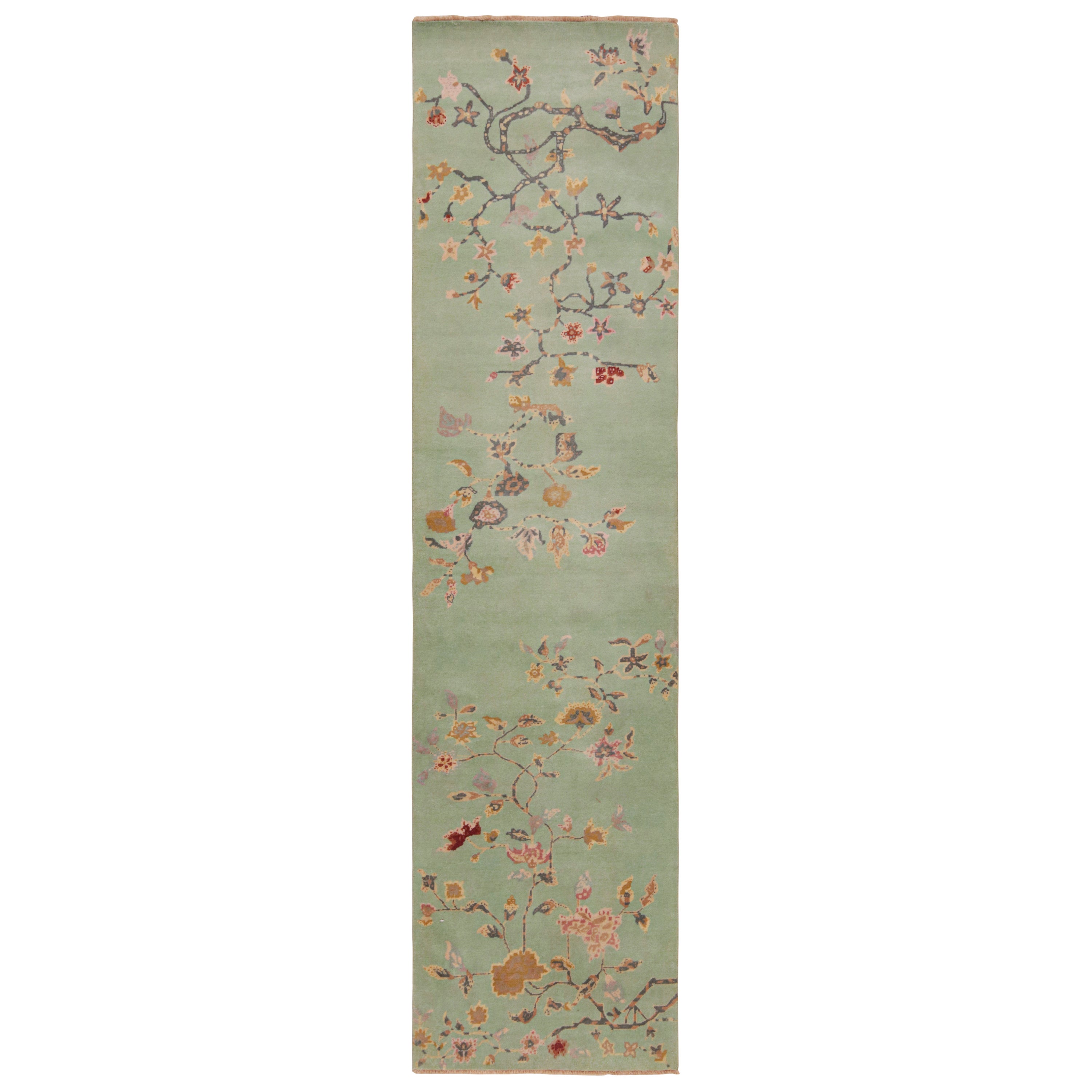 Rug & Kilim’s Mint Green Chinese Art Deco style Runner Rug with Floral Patterns For Sale