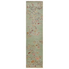 Rug & Kilim’s Mint Green Chinese Art Deco style Runner Rug with Floral Patterns